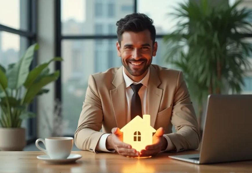 "Hombre profesional sosteniendo una casa de papel iluminada, representando propiedad y estabilidad inmobiliaria en Gustavo A. Madero"
